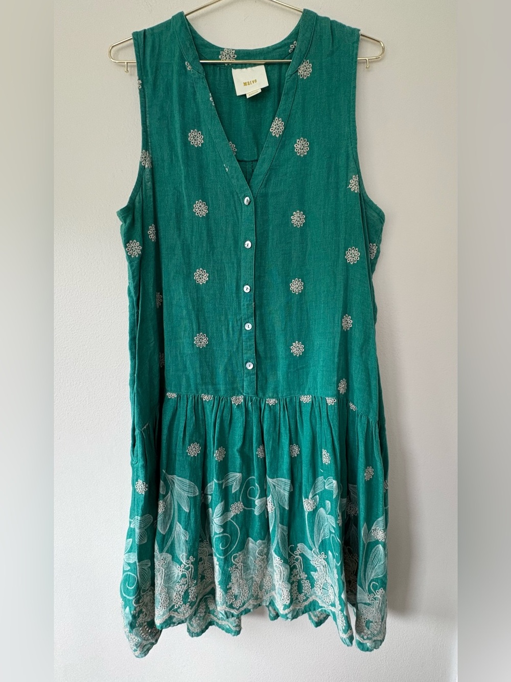 Maeve Anthropologie Green Embroidered Mini Dress Linen Blend M
